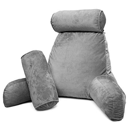 Nestl Reading Pillow, Includes 1 Extra Large Bed Rest Pillow with Arms and Pockets   2 Detachable Pillows - Premium Shredded Memory Foam TV Pillow, Neck Roll & Lumbar Support Pillow - Set of 3 - Gray