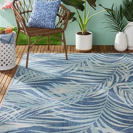 Tommy Bahama Malibu Palm Springs Coastal Indoor/Outdoor Area Rug, Navy Blue/Aqua Blue, 7'10"x10'2"