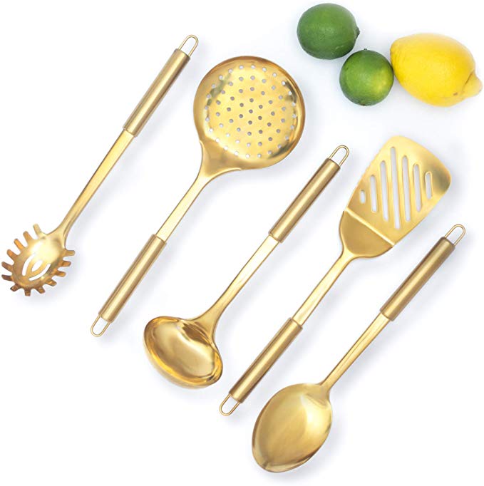 STYLED SETTINGS Gold/Brass Cooking Utensils for Modern Cooking and Serving, Kitchen Utensils -Stainless Steel Cooking Utensils 5 PCS-Gold Serving Spoon, Gold Soup Ladle, Pasta Serving