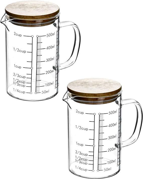 QWORK Glass Measuring Cup, 2 Pack 500ML (18 Oz, 2 Cup), High Borosilicate Glass Scale Cup with Handle and Durable Bamboo Lid, for Kitchen or Restaurant