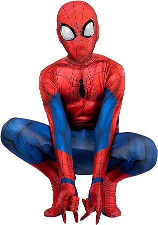 MARVEL Spider-Man Official Youth Deluxe Zentai Suit - Spandex Jumpsuit with Printed Design and Detachable Spandex Mask and Plastic Eyes