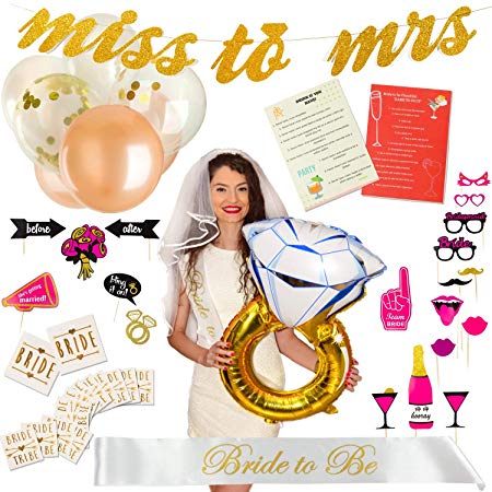 Exclusive Bachelorette Party Decorations - Bridal Shower Supplies Kit with “Bride to Be” Sash and Satin Veil – Includes Bridesmaid Games, 12 Tattoos, 6 Balloons and 20 Photo Booth Props – Great GlFT