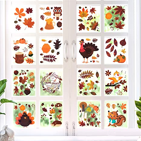 CandyHome 146PCS Thanksgiving Window Clings,Thanksgiving Window Decorations Fall Leaves Window Clings Stickers Turkey Pumpkin Decals for Home Office Thanksgiving Party Decor Ornaments