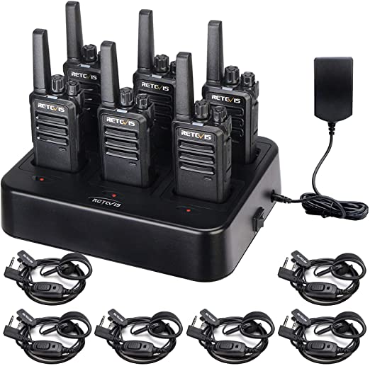 Retevis RT68 Walkie Talkies with Earpiece, FRS Two Way Radios Rechargeable, Walkie Talkies for Adults, License-Free, Walkie Talkie 6 Pack with Headset and 6 Way Multi Unit Charger, for Hotel School