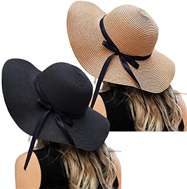 Womens Floppy Summer Sun Beach Straw Hat, Foldable Wide Brim Hats with Bowknot UPF50
