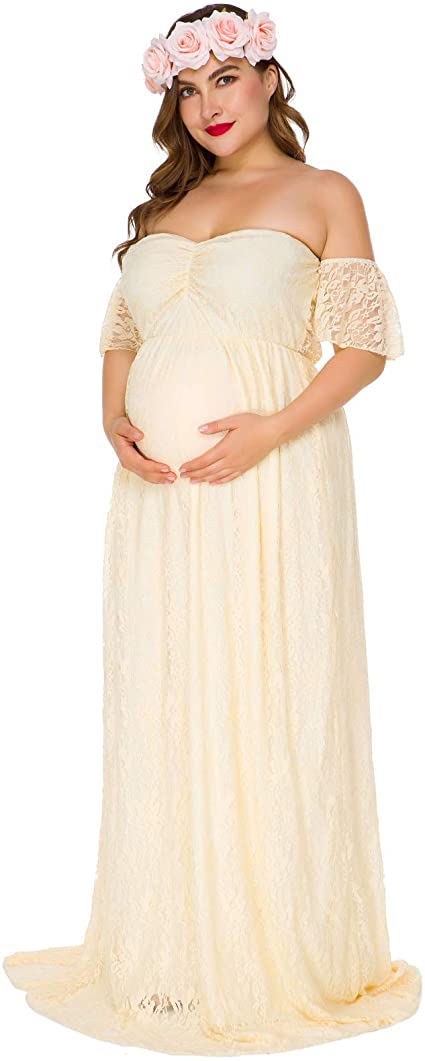 Women's Off Shoulder Ruffle Sleeve Lace Maternity Gown Maxi Photography Dress