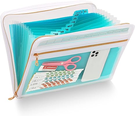 Zippered Accordian File Organizer, 13 Pocket Accordion File Folder Organizer Binder, Expandable Accordian File Folder for Documents Letter Size Paper, Teal