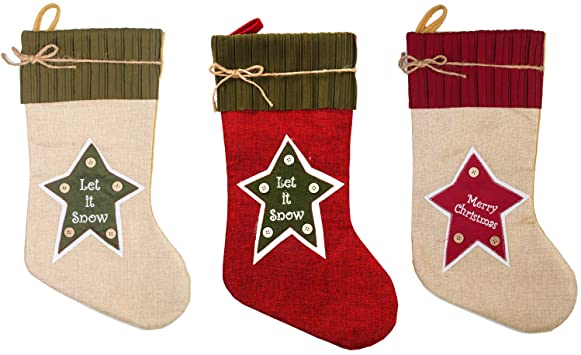 Moonet 18inch Christmas Stocking,Red Green and Red&Green, Let It Snow,Merry Christmas Pentagram Button Bowknot Stockings Christmas Decoration 3pcs