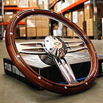 14" Inch Polished & Wood Steering Wheel Chevy Bowtie Horn, 6 Hole C10 Camaro"