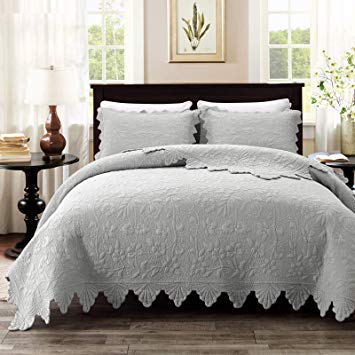 Brandream Luxury Farmhouse Bedding Quilt Set Grey King Size Quilted Bedspread Coverlet Set Cotton(98x106)