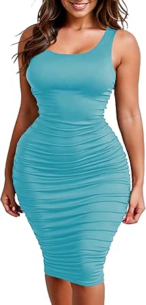 Zeagoo Women's Sexy Dress Summer Sleeveless Ruched Midi Tank Dress Plue Size Bodycon Fitted Party Dresses