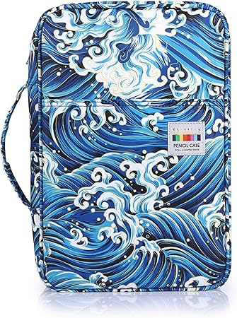 BTSKY Colored Pencil Case 300 Slots Pen Pencil Bag Organizer with Handy Wrap Portable- Multilayer Holder for Crayola Colored Pencils & Gel Pen, Sea Wave