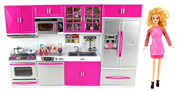 My Modern Kitchen Full Deluxe Kit Battery Operated Toy Doll Kitchen Playset w/ Toy Doll, Lights, Sounds, Perfect for Use with 11-12" Tall Dolls by Doll Playsets