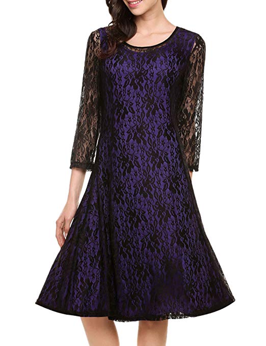 Beyove Women Floral Lace Cocktail Party Dress 3/4 Sleeve Swing Mini Dress S-4XL