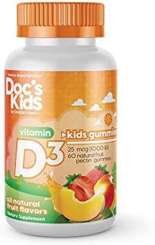 Doc's Kids by Doctor's Best Children's Vitamin D3 Gummies 1000iu, Natural Fruit Pectin Gummies, for Immune Health and Strong Bones, Strawberry, Peach and Mango, 60 Count