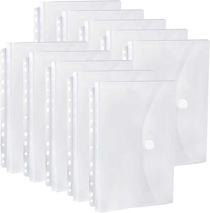 FANWU 10 Pack Expandable Poly Binder Pocket, 3/4-inch Gusset, Letter Size, 11 Holes Punched, Index Dividers Pocket Folders Plastic Envelopes Clear Document Folders for Ring Binder