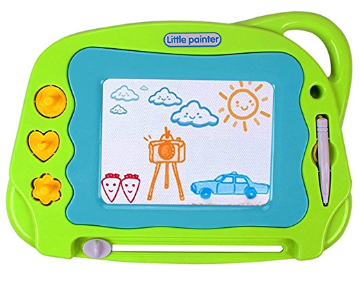 Magnetic Drawing Board Mini Travel Doodle, Erasable Writing Sketch Colorful Pad Area Educational Learning Toy for Kid / Toddlers/ Babies with 3 Stamps and 1 Pen (Green)