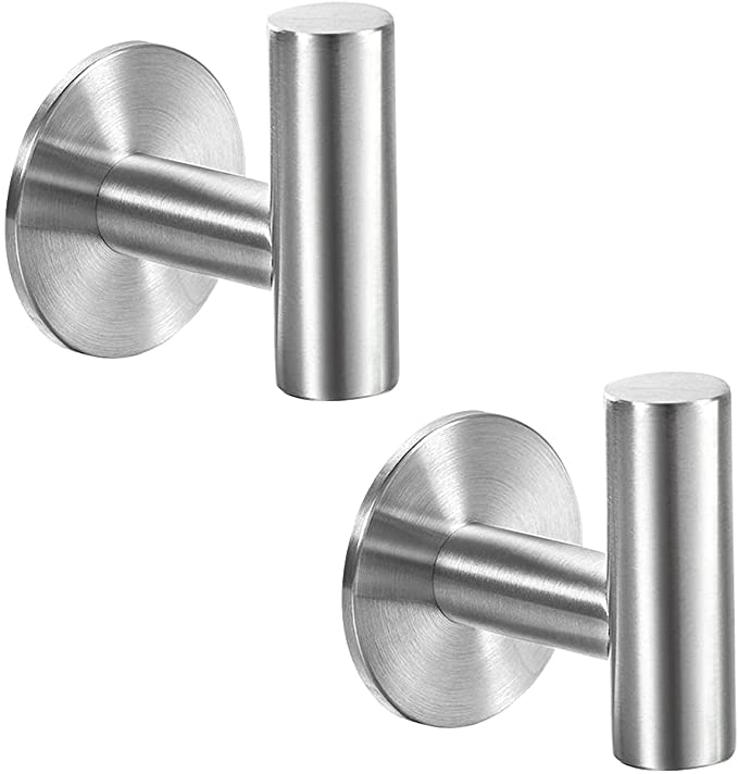 Vuzvuv Adhesive Hooks Brushed Nickel SUS304 Stainless Steel Towel Hooks Heavy Duty Waterproof Wall Hooks Self Adhesive Coat Robe Towel Hooks for Bathrooms Kitchen Hotel Wall Mounted Hooks - 2 Pack