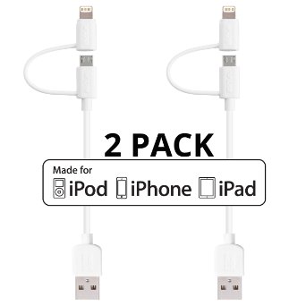 Skiva 05 ft USB Link Short 2-in-1 Sync Lightning Cable for Smartphones and Tablets - White Pack of 2