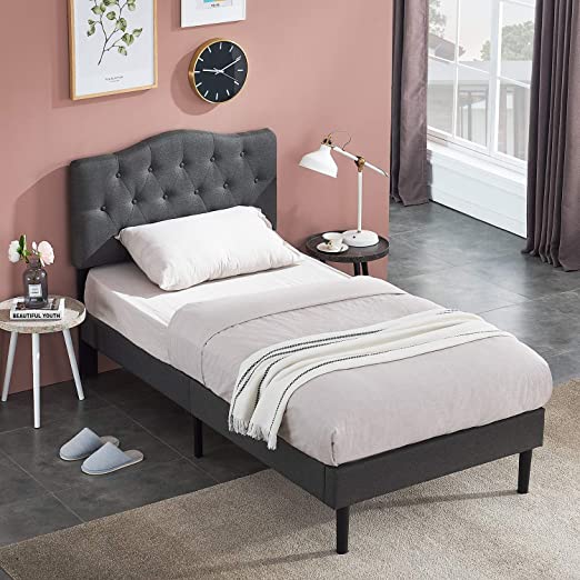 VECELO Classic Upholstered Platform Bed Diamond Stitched Cloth Panel Headboard/Mattress Foundation/Easy Assembly/Strong Slat Support, Twin, Dark Grey