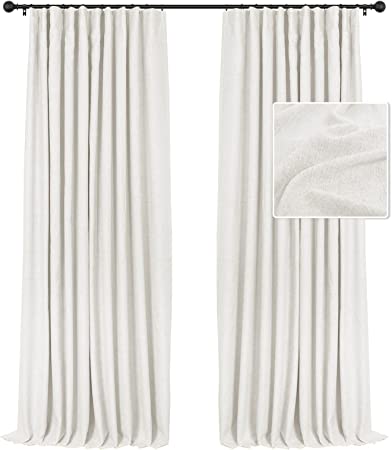 INOVADAY 100% Blackout Linen Curtains 96 Inches Long, Thermal Insulated Blackout Curtains No Light, Boho Farmhouse Curtains with Ring Clips for Bedroom Living Room - Beige White, W50 x L96, 2 Panels