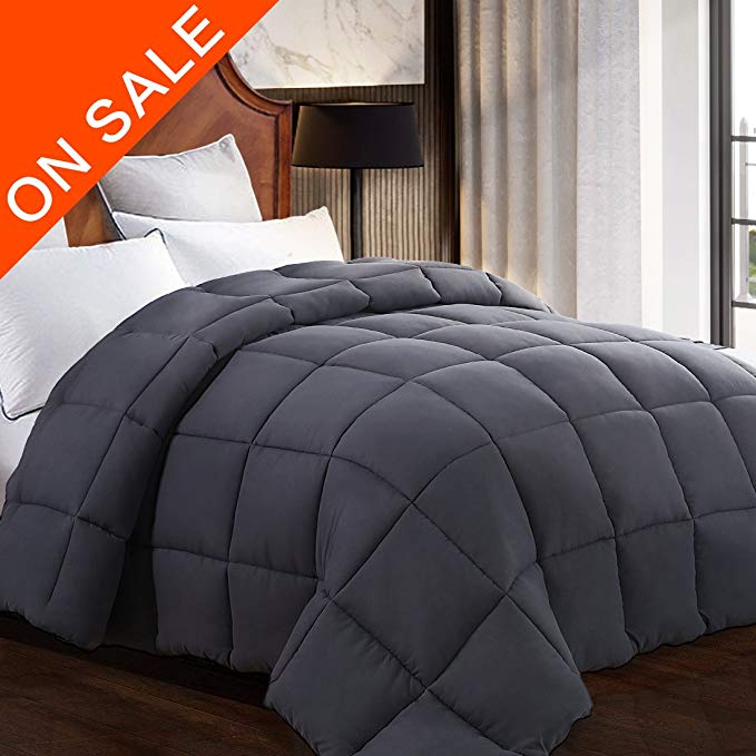 Queen Comforter Soft Summer Cooling Goose Down Alternative Duvet Insert 2100 Hypoallergenic Quilt with Corner Tab for all Season, Prima Microfiber Filled Reversible Hotel Collection,Grey,88 X 88 inch