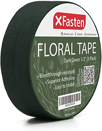 XFasten Wide Floral Tapes for Bouquet 1/2-Inch x 30 Yards - Dark Green (2-Pack) Bouquet Stem Wrap Tape for Florist – Waterproof Boutineer Tape for Flower Stem Wrap and Craft Adhesive