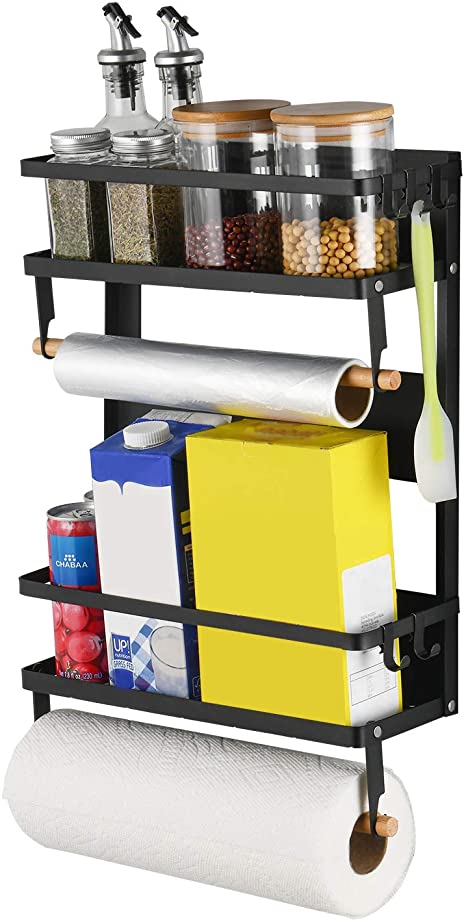 X-Chef Magnetic Spice Rack for Refrigerator, Multi-Tier Magnetic Shelf with 2 Paper Towel Holders and 5 Removable Hooks for Refrigerator & Washing Machine, Black