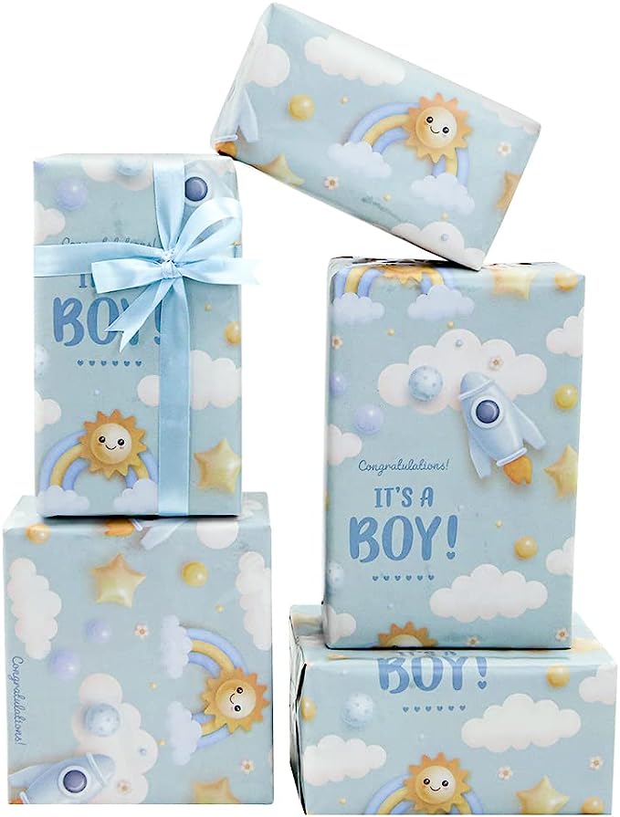 It's a Boy Gift Wrap, Newborn baby boy Light Blue Gift Wrapping Paper,4 Sheets Folded Flat 20x28 inches per sheet With Ribbon for Baby Shower Birthday Celebration Gift Wrap