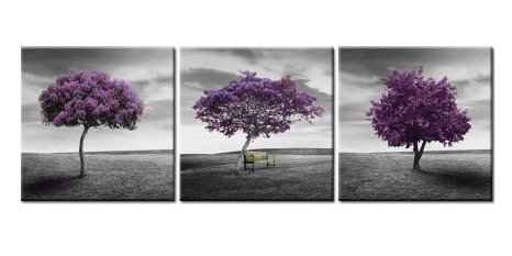 Canvas Print Wall Art Painting For Home Decor Green Lawn Landscape Meadow Purple Tree On Green Field With Wood Park Bench In Black And White Vintage Style 3 Pieces Panel Paintings Modern Giclee Stretched And Framed Artwork The Picture For Living Room Decoration Botanical Pictures Photo Prints On Canvas