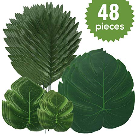 recyco Artificial Palm Leaves & Turtle Leaf Fern Plant with Stem for Hawaiian Party, Jungle Beach Theme Decorations, Green Wedding (4 Kinds 48 Pcs)
