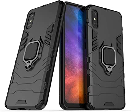 Compatible with Xiaomi Mi Redmi 9A, Redmi 9AT Case, Metal Ring Grip Kickstand Shockproof Hard Bumper (Works with Magnetic Car Mount) Dual Layer Rugged Cover (Black)
