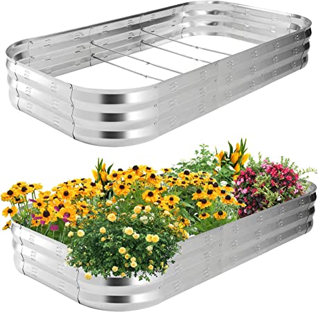 POTEY Raised Garden Beds 2pcs Galvanized Metal Garden Beds for Vegetable Flower Strawberry Planter Boxes Large Raised Beds with Gardening Gloves,2 Ground Barrier Fabric,8 Plant Labels(5.7'L*3'W)