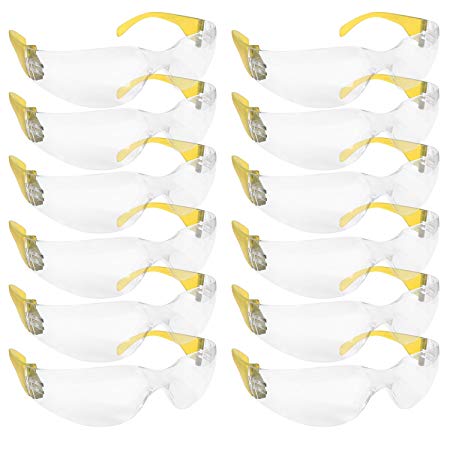 BISON LIFE Clear Lens Color Temple Safety Glasses | One Size, Adult, Youth, Clear Protective Polycarbonate Lens Color Temple, YELLOW, 12 per Box (1 box)