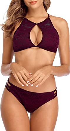 Sociala Womens High Neck Cutout Bikini Lace Mesh Strappy Two Piece Swimsuit