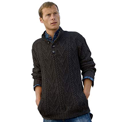 100% Irish Merino Wool Traditional Button Neck Aran Sweater by West End Knitwear, Charcoal Gray, Small