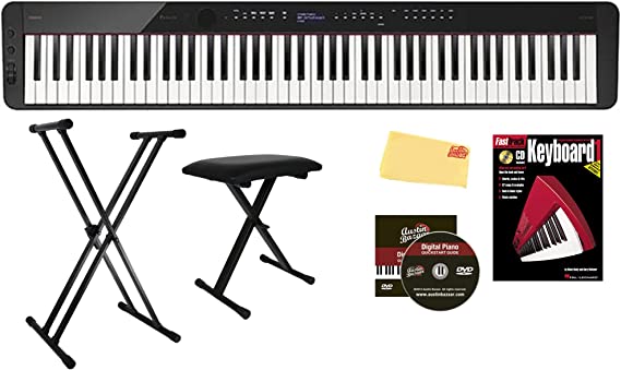 Casio Privia PX-S3100 Digital Piano Bundle with Adjustable Stand, Bench, Instructional Book, Online Lessons, Austin Bazaar Instructional DVD, and Polishing Cloth - Black