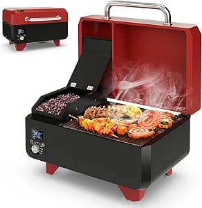 Giantex Pellet Grill and Smoker - Portable Tabletop Wood Pellet Smoker with Temperature Control, Removable Ash Pan & Grease Tray, Non-stick Cooking Grid, for Camping RV Outdoor Cooking (Red & Black)