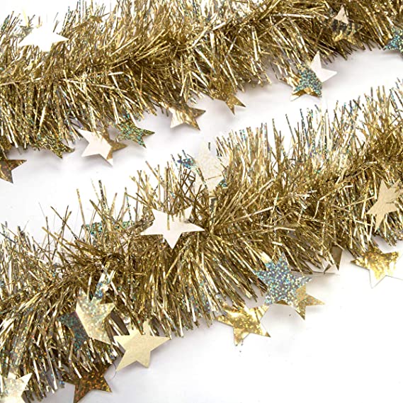 ARCCI Gold Christmas Tinsel Garland Star Sparkly Hanging, 20ft Classic Thick Colorful Reflections Shiny Sparkly Soft Party Hanging Tinsel Ornaments Ceiling Xmas Tree Decorations, 3.5 inch Wide