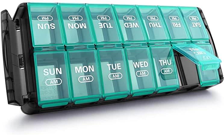 Sukuos Quick-Fill Pill Organizer 2 Times A Day,2020 Version Am Pm Large Weekly 7 Day Pill Case for Pills/Vitamin/Fish Oil/Supplements(E-393) (Blue)