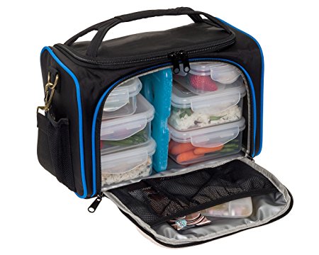 Meal Prep Bag by LISH - Insulated Lunch Box w/ 6 BPA Free Portion Control Containers (Black & Blue)