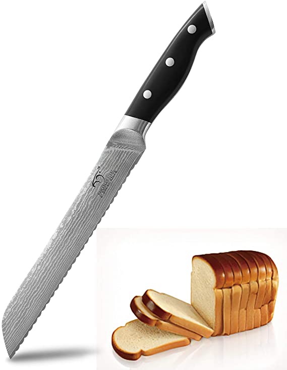 Damascus Serrated Bread Knife 8 inch, Professional Japanese VG10 67-layer Damascus Steel, Non-slip ABS Handle, Razor Sharp, Superb Edge Retention, Gift Box