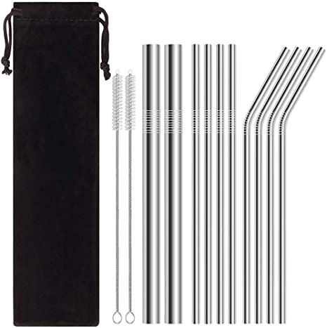 ATACAT 13-pack Reusable Stainless Steel Metal Straws for Drinks with 2 Cleaning Brushes- Various Stainless Steel Straws with 4 Straight 4 Bent 2 Boba Straws - Eco-Friendly Drinking Straws