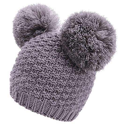 Women's Winter Chunky Knit Beanie Hat with Double Pom Pom Ears