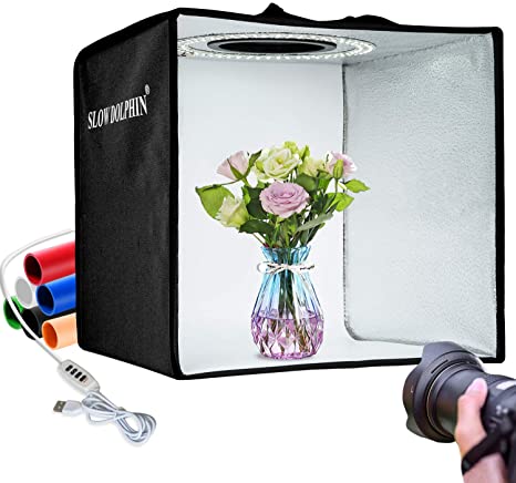 SLOW DOLPHIN Photo Studio Light Box 12"/30cm Portable Folding Ring Light , Photography Shooting Light Tent Kit Adjustable Brightness Lighting Kit Softbox with 112pcs LED Lights   6 Backdrops（Black Tent）