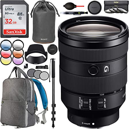 Sony FE 24-105mm F4 G OSS Full-Frame E-Mount Standard Zoom Lens SEL24105G with 67mm Multicoated UV, Polarizer & FLD Filter Kit Photography Backpack Bundle