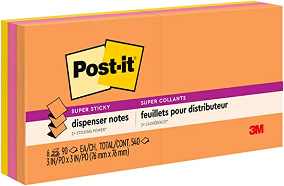 Post-it Super Sticky Pop-upNotes, 3x3 in, 6 Pads, 2x the Sticking Power, Energy Boost Collection, Bright Colors (Orange, Pink, Blue, Green),Recyclable (R330-6SSUC)