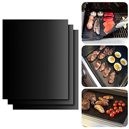 Set of 3 BBQ Non Stick Grill Mat for Gas Electric Charcoal Grill Ovens Microwaves Home Cook and more - Heavy Duty Heat Resistant Grilling Bake Mat By Vopa, 15.79 X 13 inch