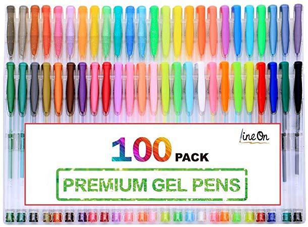 Lineon 100 Pack Gel Pens Set, 50 Colors Gel Pens with 50 Refills Gel Pen Set for Adult Coloring Books Drawing Doodling Art Markers