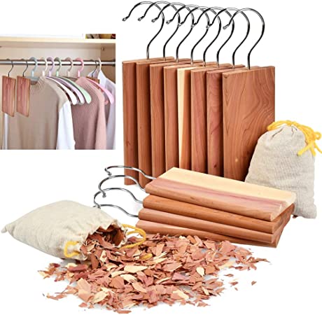 TIMESETL 12 Pack Cedar Hang Ups and 2 Pack Cedar Sachets Bags, 100% Natural Cedar Blocks with Light Cedar Fragrance Odor Protection for Wardrobes Closets and Drawers Freshener Clothes